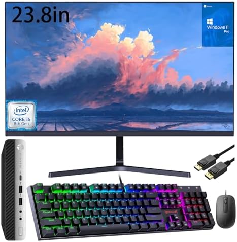 HP Elitedesk 800 G4 Mini PC Desktop w/ 23.8″” FHD Monitor Computer Set, Intel Core i5-8500T, 16GB DDR4 RAM, 256GB SSD, RGB Keyboard & Mouse, DisplayPort, HDMI, RJ-45 Windows 11 Pro, Black (Renewed)