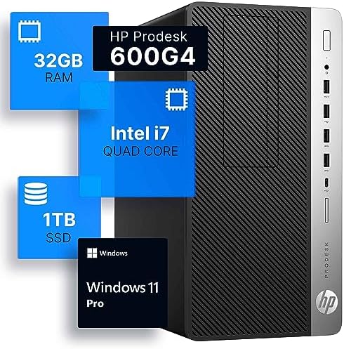 HP ProDesk 600G4 Tower Desktop Computer | Intel i7-8700 (3.4) | 32GB DDR4 RAM | 1TB SSD Solid State | Wi-Fi 5G + Bluetooth | Windows 11 Professional | Home or Office PC (Renewed)