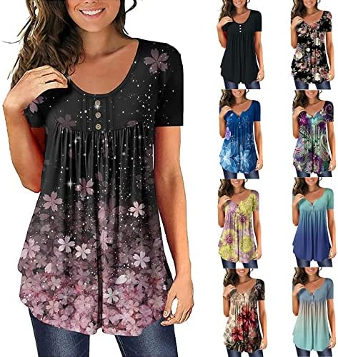 Womens Tops Hide Belly Tunic Summer Short Sleeve T Shirts Flowy Henley Tshirt Casual Dressy Blouses for Leggings
