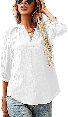 LOMON Women’s Casual 3/4 Sleeve Henley V-Neck Button Up Pleated Back Blouses Swiss Dot Blouse Tops T-Shirts S-XXL