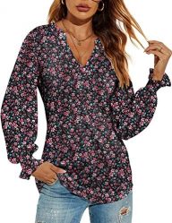 Romanstii Women’s Casual V-Neck T-Shirts Loose Puff Long Sleeve Tops Tunic Blouses