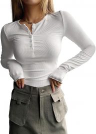 ZOCAVIA Womens Henley Shirts Button Down V Neck Long Sleeve Top Fashion Causal Slim Fit Ribbed Knit Solid T Shirt Y2K Blouses