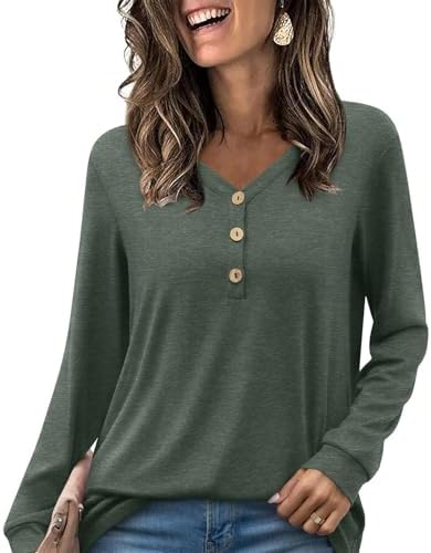 HOTGIFT 2025 Women Tops Shirts Winter Fall Long Sleeve Blouse Casual Tshirts Vneck Button Down Henley Sweater Tunic
